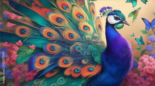 A colorful peacock with a colorful background and butterflies by Generative AI