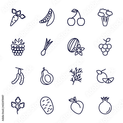 set of vegetables and fruits thin line icons. vegetables and fruits outline icons such as carrot, cherry, blackberry, carambola, tamarind, parsley, potato, peach, pomegranate vector.