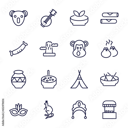 set of culture and civilization thin line icons. culture and civilization outline icons such as australian koala, gazpacho, chorizo, chimp face of brazil, native american pot, brazil carnival mask,