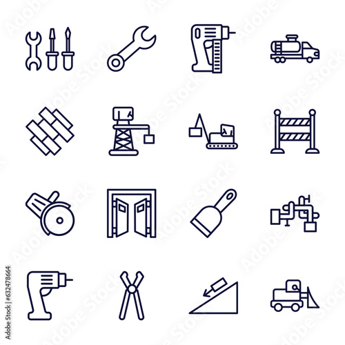 set of construction thin line icons. construction outline icons such as three tools, , derrick with box, electric drill, inclined clippers, inclined, little snowplow