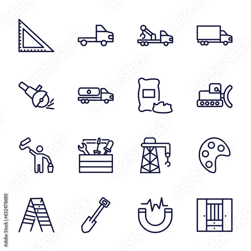 set of construction thin line icons. construction outline icons such as angle ruler, crane truck, , man painting, double ladder, short shovel, inclined magnet, big clo