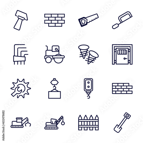 set of construction thin line icons. construction outline icons such as inclined hammer, big saw, , two screws, wrench and gear, derrick with tong, derrick with ball, garden fence, inclined shovel