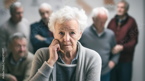 The image showcases a group of senior individuals engaged in various activities, highlighting their vulnerable state. Some appear anxious while others exhibit signs of dementia