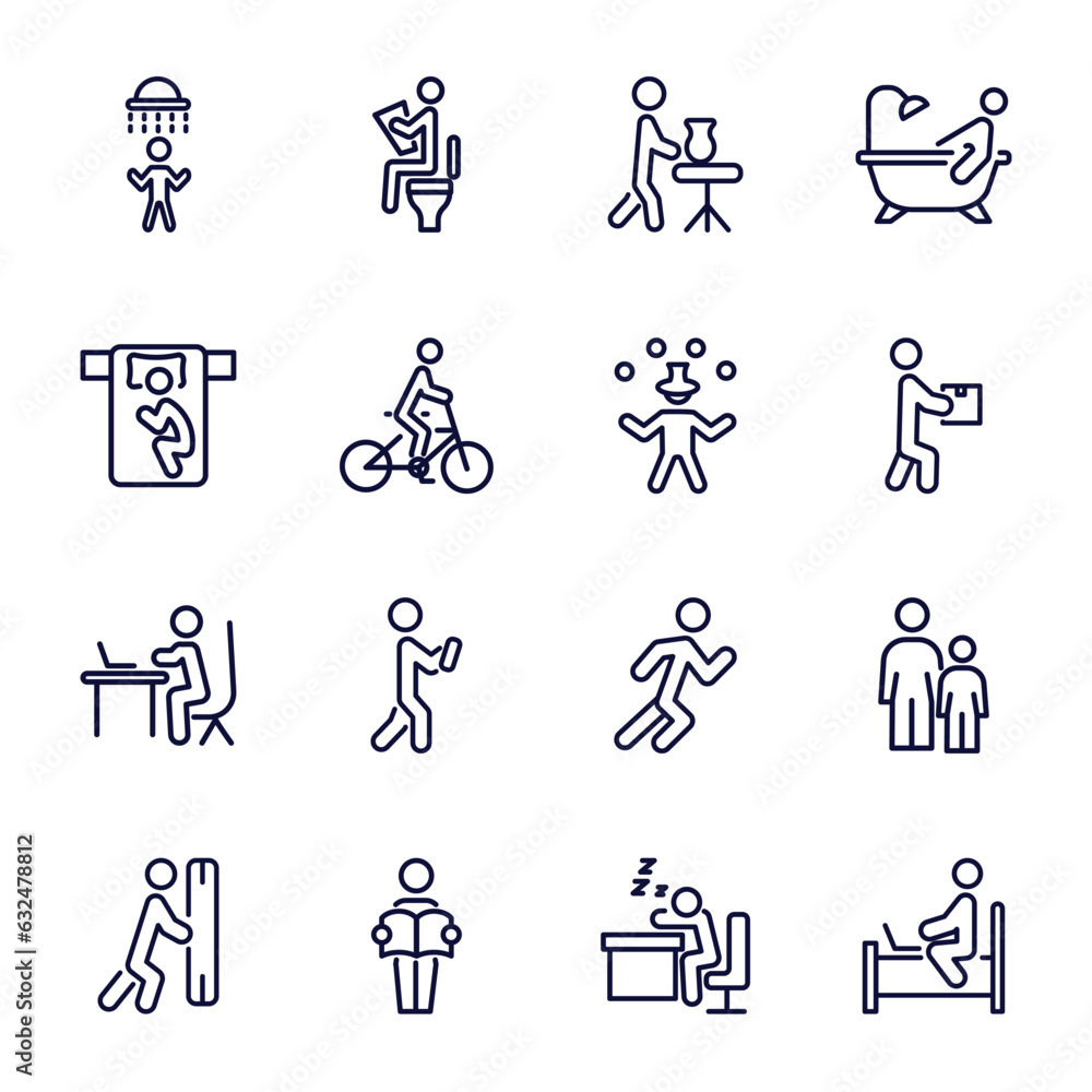 set of behavior and action thin line icons. behavior and action outline icons such as man showering, man doing pottery, man sleeping, circus working at desk, pushing, reading newspaper, snoozing, set of behavior and action thin line icons. behavior and action outline icons such as man showering, man doing pottery, man sleeping, circus working at desk, pushing, reading newspaper, snoozing,