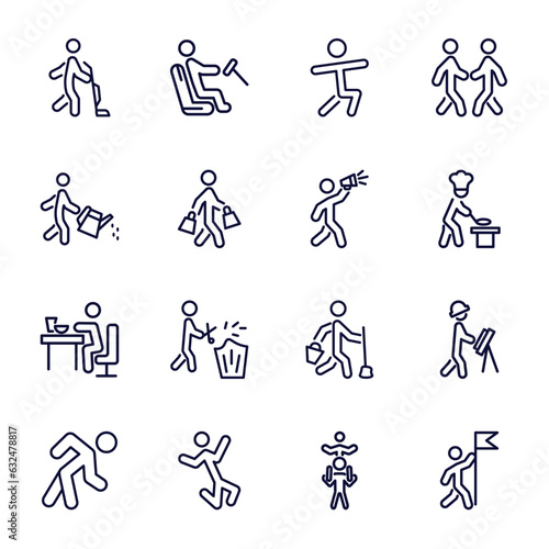 set of behavior and action thin line icons. behavior and action outline icons such as man vacuum, man warming up, watering plants, man shouting, eating, stick excersicing, stick jumping, piggyback a