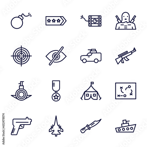 set of military and war and thin line icons. military and war outline icons such as bomb, time bomb with clock, target, army car, submarine front view, gun, fighter plane, combat knife, ship vector.