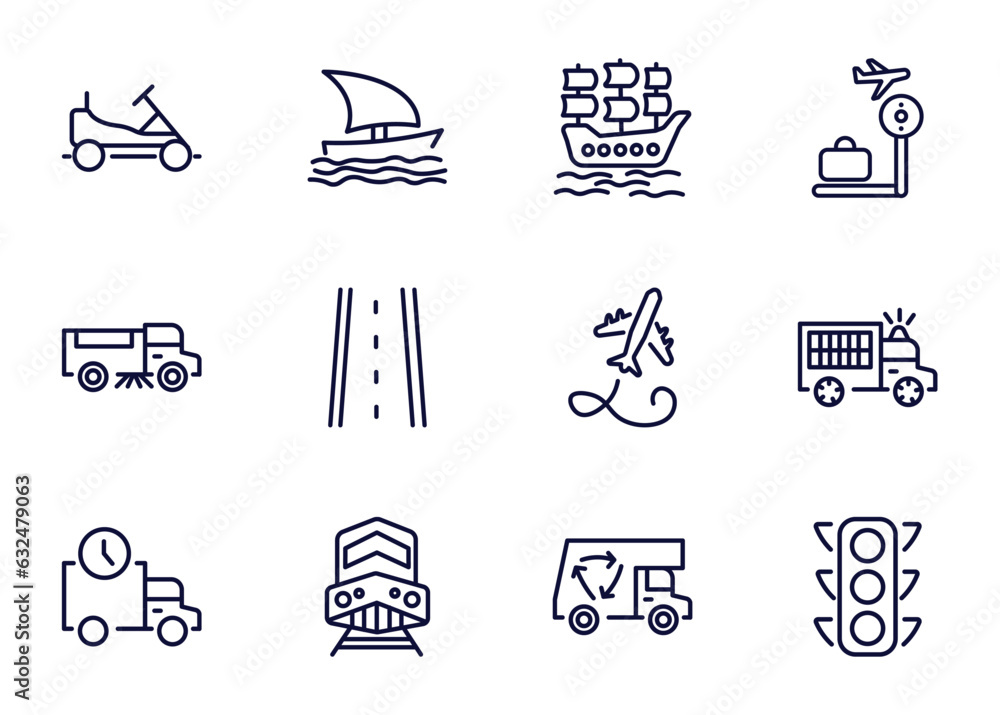 set of transportation thin line icons. transportation outline icons such as go kart, sailing boat, galleon, _icon19_, road sweeper, shipping and delivery, diesel train, recycling truck vector.