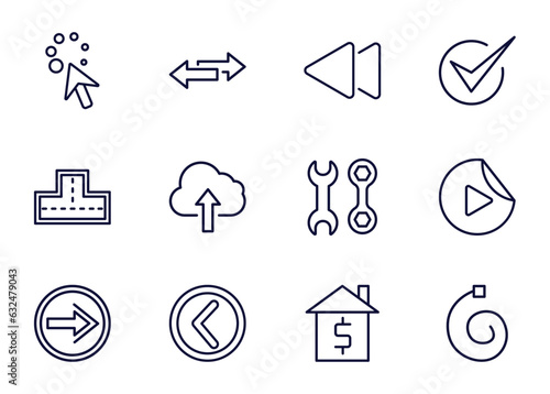 set of user interface thin line icons. user interface outline icons such as wait cursor, double arrows, rewind, _icon19_, crossroad, go back button, round left button, house value vector.