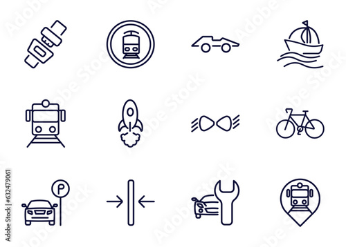 set of transportation thin line icons. transportation outline icons such as seatbelt, tram stop label, formula 1, _icon19_, train front view, car parking, slim, car repair vector.
