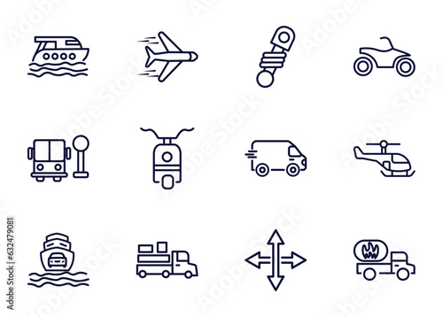 set of transportation thin line icons. transportation outline icons such as luxury yacht, airplane flying, shock breaker, _icon19_, school bus stop, ferry carrying cars, loaded truck side view,