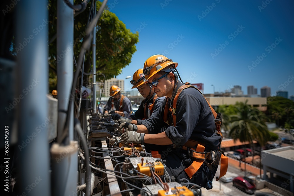 Workers are performing tasks at great heights on telephone poles, utilizing ropes for suspension. Generated with AI Workers are performing tasks at great heights on telephone poles, utilizing ropes for suspension. Generated with AI