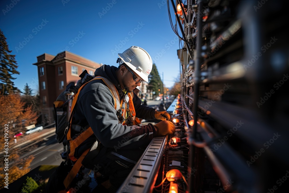 Workers are performing tasks at great heights on telephone poles, utilizing ropes for suspension. Generated with AI Workers are performing tasks at great heights on telephone poles, utilizing ropes for suspension. Generated with AI