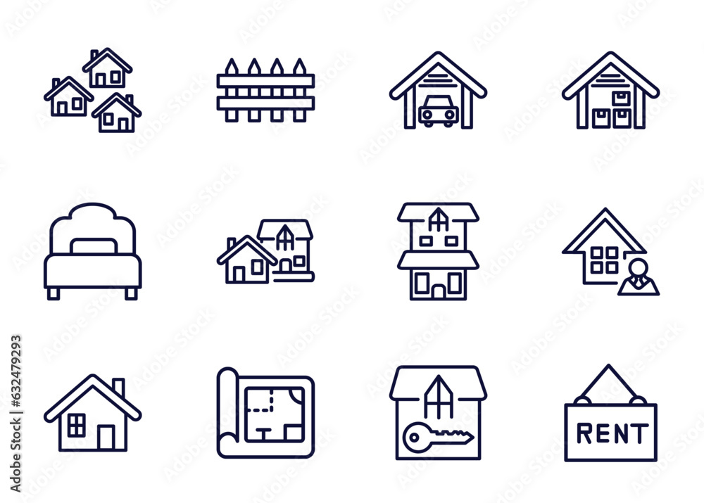 set of real estate industry thin line icons. real estate industry outline icons such as neighborhood, fence, garage, _icon19_, bedroom, property, blueprint, tenant vector.