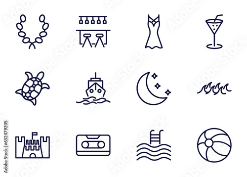set of summer thin line icons. summer outline icons such as wreath, bar, dress, _icon19_, sea turtle, sand castle, caste, swimming pool vector.