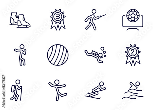 set of sport and games thin line icons. sport and games outline icons such as ice skates, third, medieval fencing, _icon19_, dancing motion, trekking, dancer motion, slalom vector.