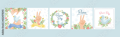 Peace Day Card with Pigeon, Floral Wreath and Hand Vector Set