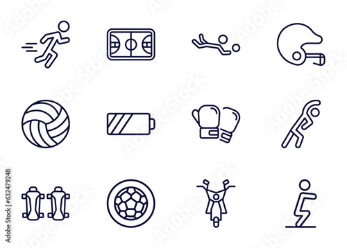 set of sport and games thin line icons. sport and games outline icons such as excersice, basketball court, volleyball motion, _icon19_, volleyball ball, shin guards, football ball circular, motor