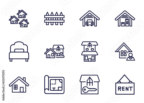set of real estate industry thin line icons. real estate industry outline icons such as neighborhood, fence, garage, _icon19_, bedroom, property, blueprint, tenant vector.