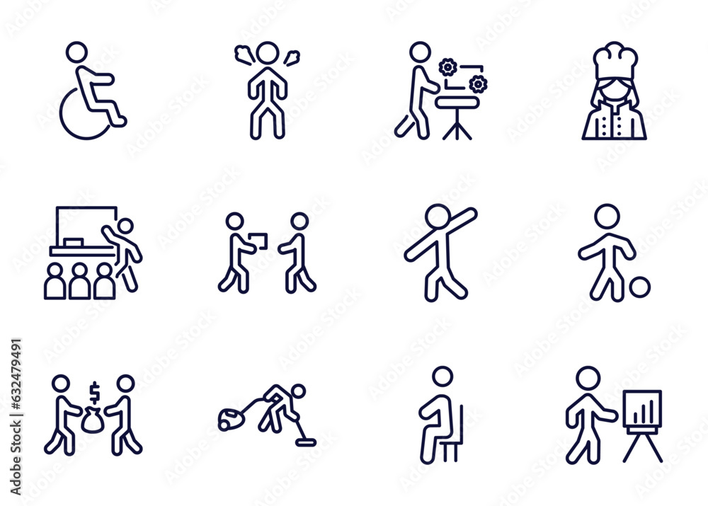 Fototapeta premium set of humans and behavior thin line icons. humans and behavior outline icons such as wheel chair, angry man, hine repair, _icon19_, classroom, people trading, vacuum cleaning, sitting down vector.