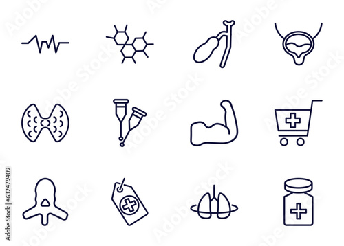 set of medical and healthcare thin line icons. medical and healthcare outline icons such as pulse line, three hexagons cell, gallbladder, _icon19_, thyroid gland, vertebra, tag with a cross, breath