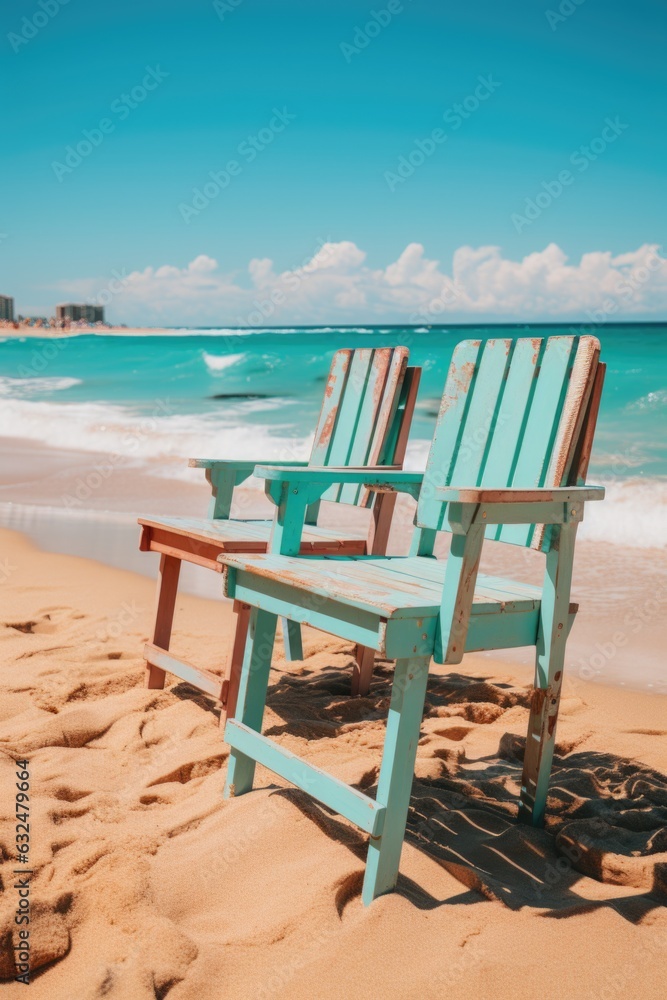 Two beach chairs sitting on a sandy beach. AI.