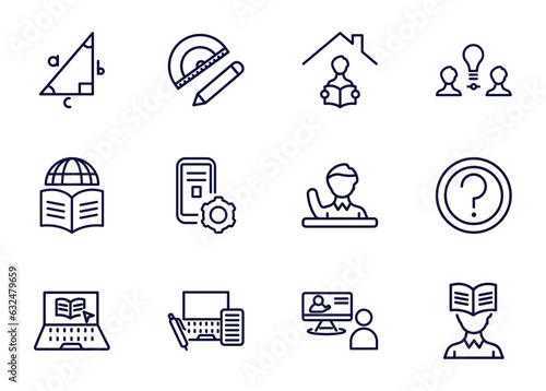 set of distance learning thin line icons. distance learning outline icons such as trigonometry, study tools, homework, _icon19_, learning, elearning, blended online training vector.