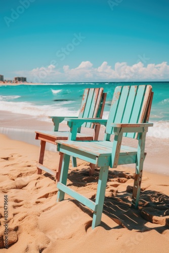 Two beach chairs sitting on a sandy beach. AI.