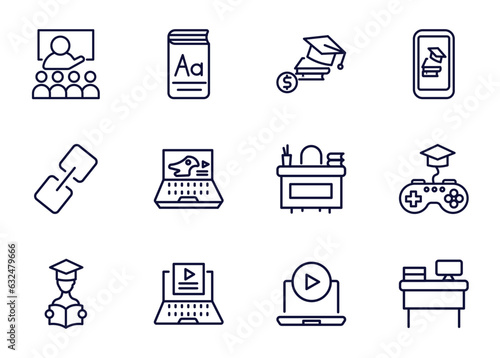 set of distance learning thin line icons. distance learning outline icons such as lesson, vocabulary, scholarship, _icon19_, links, studying, video tutorials, tutorial vector.