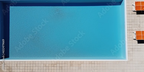 An overhead view of a swimming pool with lounge chairs. AI. photo