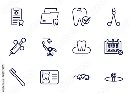 set of dental health thin line icons. dental health outline icons such as medical list, dental folder, checkup, _icon19_, needle, toothbrushes, monitor, malocclusion vector.