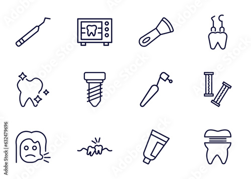 set of dental health thin line icons. dental health outline icons such as periodontal scaler, radiograph, scraping, _icon19_, shiny tooth, sick girl, wisdom tooth, toothpaste tube vector.