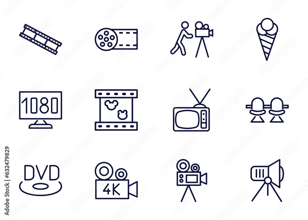 Fototapeta premium set of cinema and theater thin line icons. cinema and theater outline icons such as film negatives, big film roll, cameraman, _icon19_, 1080p hd tv, dvd, 4k fullhd, movie camera vector.