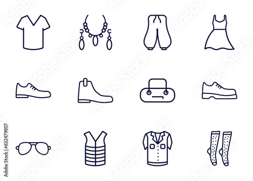set of clothes and outfit thin line icons. clothes and outfit outline icons such as v neck shirt, jewelry, harem pants, _icon19_, leather shoes, pilot sunglasses, padded vest, denim shirt vector.