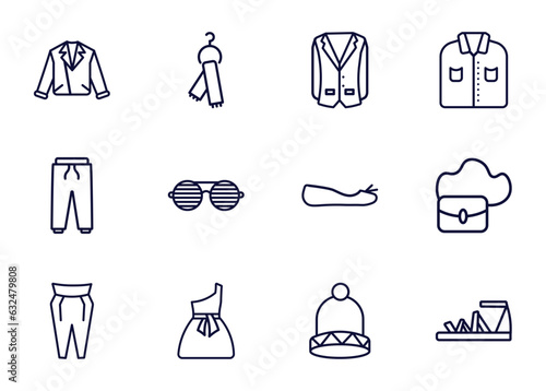 set of clothes and outfit thin line icons. clothes and outfit outline icons such as leather biker jacket, scarf on hanger, oxford wave blazer, _icon19_, sweatpants, pegged pants, one shoulder dress,