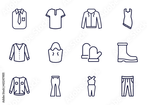 set of clothes and outfit thin line icons. clothes and outfit outline icons such as collarless cotton shirt, henley shirt, hooded jacket, _icon19_, cotton cardigan, denim jacket, flare pants,