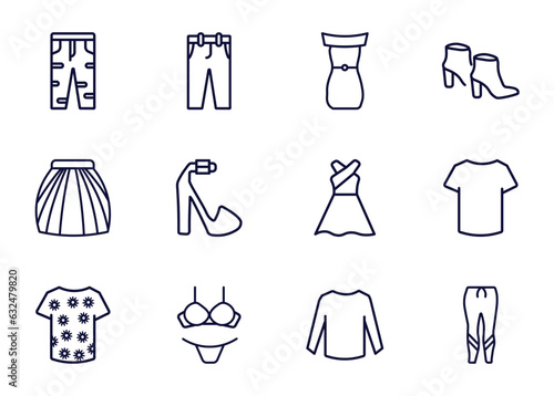 set of clothes and outfit thin line icons. clothes and outfit outline icons such as boyfriend low jean, chi pants, off the shoulder dress, _icon19_, tulle skirt, t shirt with de, lingerine, long