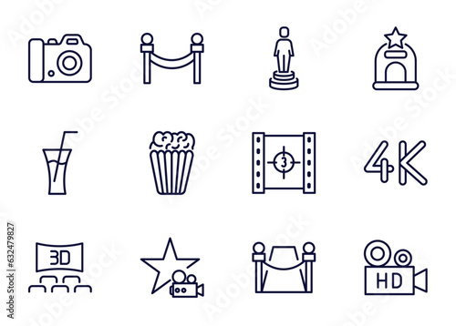set of cinema and theater thin line icons. cinema and theater outline icons such as dslr camera, cinema borders, movie award, _icon19_, drink with straw, 3 dimension screen, famous star, red carpet
