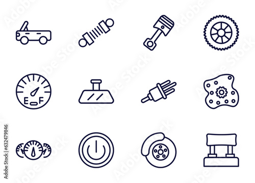 set of car parts thin line icons. car parts outline icons such as car soft top, suspension, connecting rod, _icon19_, fuel gauge, dashboard, ignition, brake vector.