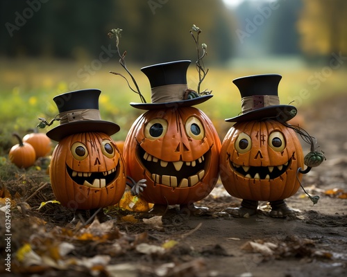 Cyfrowe ilustracje strasznych wyrzeźbionych dyń na obchody Halloween.