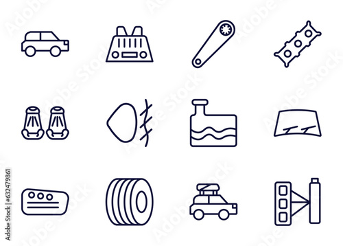 set of car parts thin line icons. car parts outline icons such as car hard top, parcel shelf, fan belt, _icon19_, cowl, reversing light, trim, luggage rack vector.