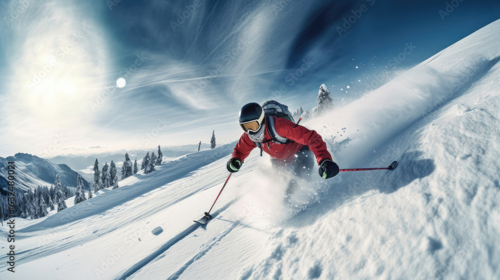 A Skier skiing. Jumping skier. Snowboarding. Extreme winter sports. Skier skiing downhill during sunny day in high mountains. Generative Ai.