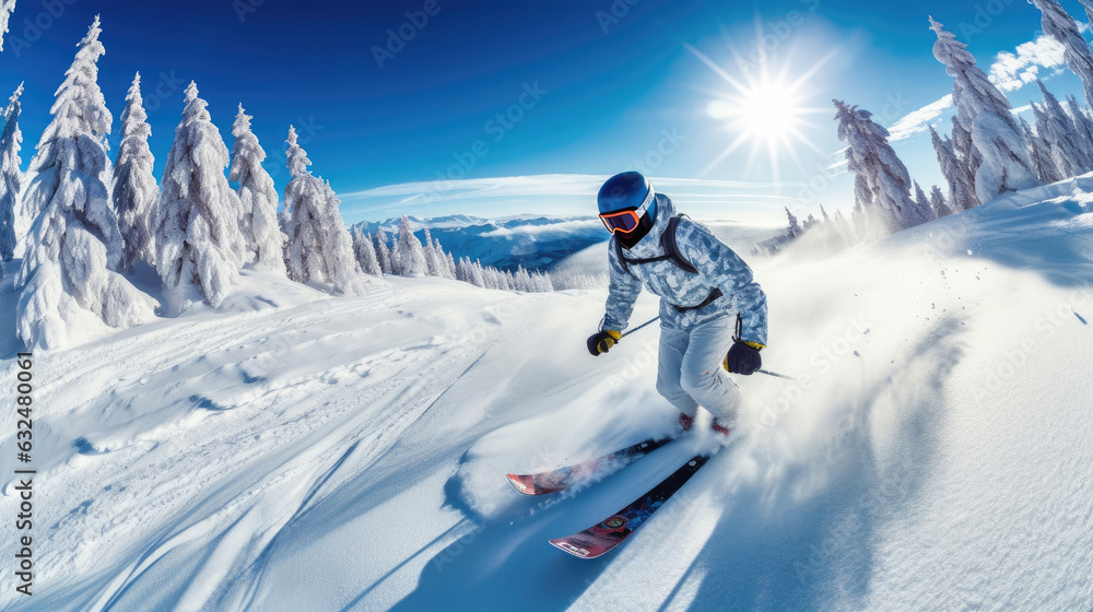 A Skier skiing. Jumping skier. Snowboarding. Extreme winter sports. Skier skiing downhill during sunny day in high mountains. Generative Ai. A Skier skiing. Jumping skier. Snowboarding. Extreme winter sports. Skier skiing downhill during sunny day in high mountains. Generative Ai.