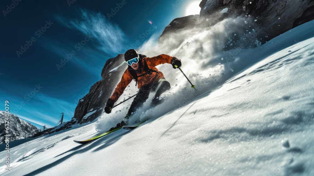 A Skier skiing. Jumping skier. Snowboarding. Extreme winter sports. Skier skiing downhill during sunny day in high mountains. Generative Ai. A Skier skiing. Jumping skier. Snowboarding. Extreme winter sports. Skier skiing downhill during sunny day in high mountains. Generative Ai.