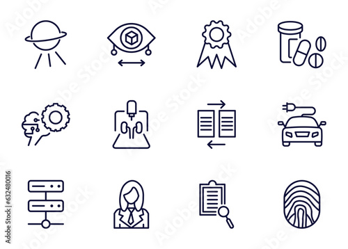 set of ai and future technology thin line icons. ai and future technology outline icons such as outer space, field of view, recognition, _icon19_, unsupervised learning, servers, personal assistant,
