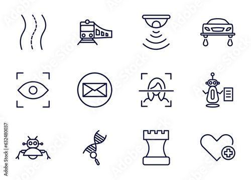 set of ai and future technology thin line icons. ai and future technology outline icons such as road, train, motion sensor, _icon19_, eye tracking, robot assistant, genetic modification, chess