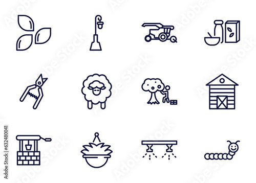 set of agriculture and farm thin line icons. agriculture and farm outline icons such as seed, lamppost, harvester, _icon19_, shears, well, hanging pot, sprinkler vector.