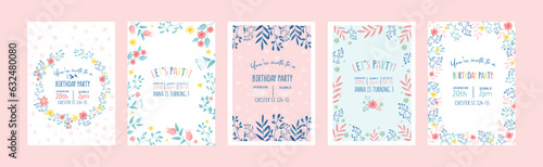 Creative Birthday Card Cover with Floral Branch and Flower Vector Set