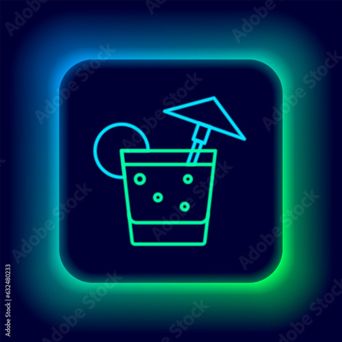 Glowing neon line Cocktail and alcohol drink with umbrella icon isolated on black background. Colorful outline concept. Vector