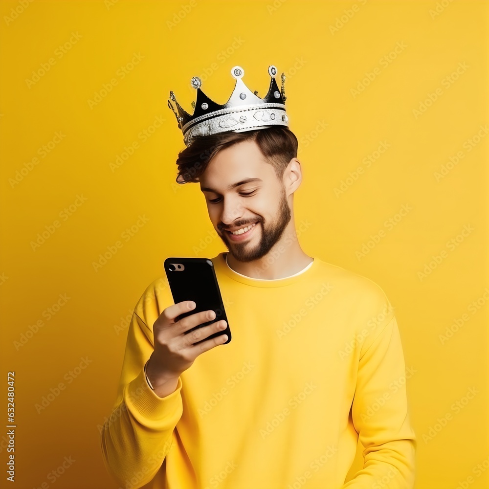 Man with crown looking at phone created with AI Man with crown looking at phone created with AI