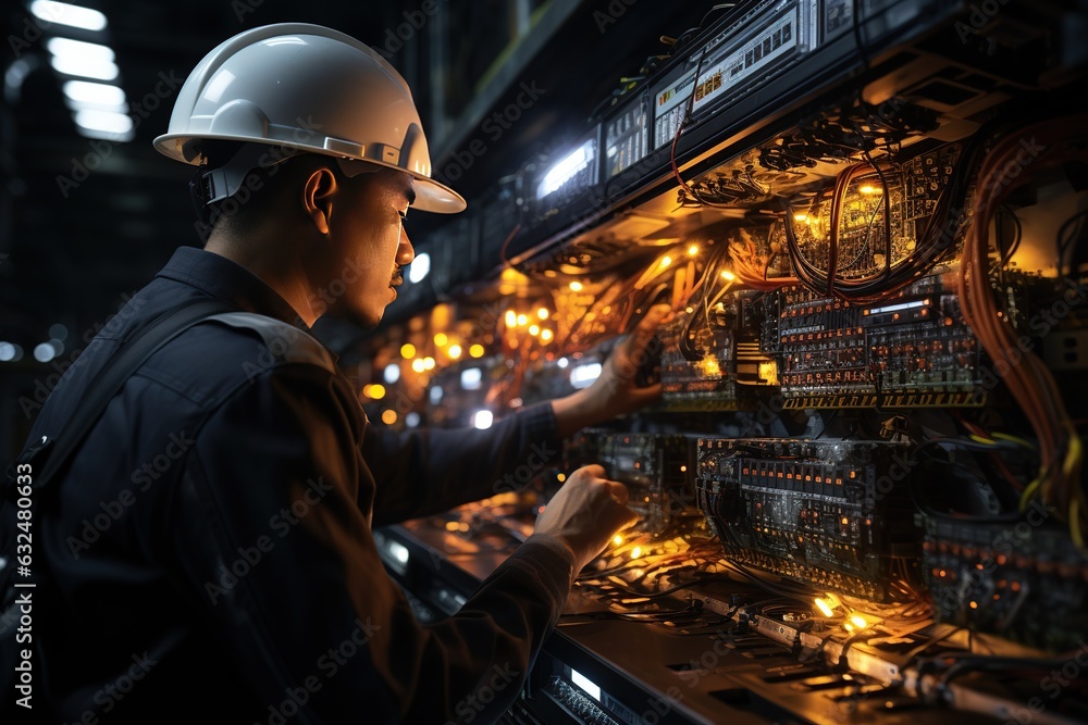 An engineer is splicing fiber optic cables together. This precise task requires technical expertise. Generated with AI An engineer is splicing fiber optic cables together. This precise task requires technical expertise. Generated with AI